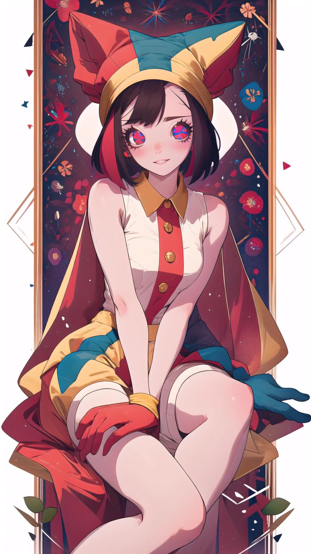 <lora:pomni:1>, pomni, multicolored clothes, jester cap, puffy short sleeves, gloves, buttons, colored skin, symbol-shaped pupils, red eyes, blue eyes, green gym shorts, green wedding dress, geometric, brocade, <lora:CircleArt_Sora:1>, Circle,