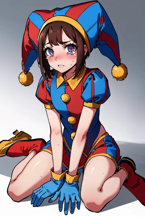 (masterpiece, best quality:1.2), solo, 1girl, pomni, sweat, sad, crying, looking at viewer, wariza, grimaceshake, multicolored clothes, jester cap, puffy short sleeves, gloves, buttons, colored skin, symbol-shaped pupils, red eyes, blue eyes, circus <lora:pomni:1>