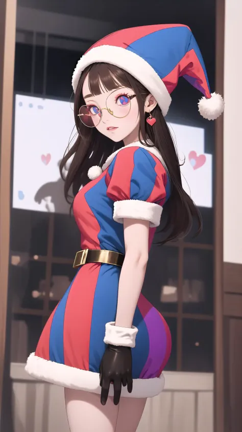 <lora:pomni:1>, pomni, multicolored clothes, jester cap, puffy short sleeves, gloves, buttons, colored skin, symbol-shaped pupils, red eyes, blue eyes, purple fur-trimmed_dress, brown santa dress, apple print, cummerbund, heart-shaped eyewear, snake print,