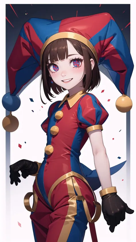 <lora:pomni:1>, pomni, multicolored clothes, jester cap, puffy short sleeves, gloves, buttons, colored skin, symbol-shaped pupils, red eyes, blue eyes, light smile, pant, shirt, open coat,