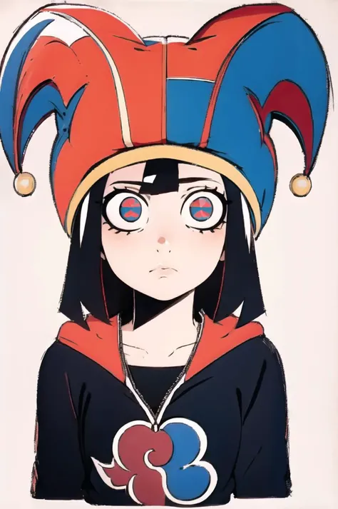 1girl, masterpiece, best quality, pomni, <lora:akatsuki:1>, Akatsuki outfit, jester cap, colored skin, symbol-shaped pupils, red eyes, blue eyes <lora:pomni:1> simple background