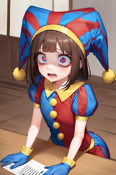 masterpiece,best quality,1girl,pomni,jester cap,colored skin,symbol-shaped pupils,red eyes,blue eyes,(multicolored clothes),puffy short sleeves,gloves,buttons,(panicking,constricted pupils,shaded face),sweatdrop,indoors,upper body,table,<lora:pomni:1>,<lora:constricted_pupils_v0.2a:0.7>,<lora:Concept-control tool-add_detail-CyberAIchemist:1>,