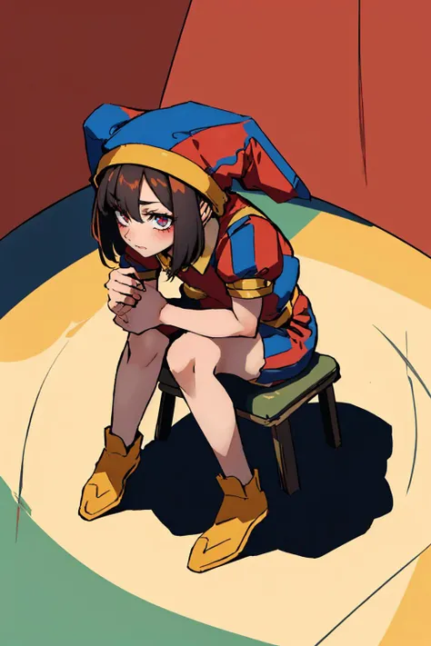 (masterpiece, best quality:1.2), shinjichair, solo, 1girl, pomni, sitting, head down, multicolored clothes, jester cap, puffy short sleeves, colored skin <lora:pomni:0.9> <lora:concept_shinjichair-10:1>