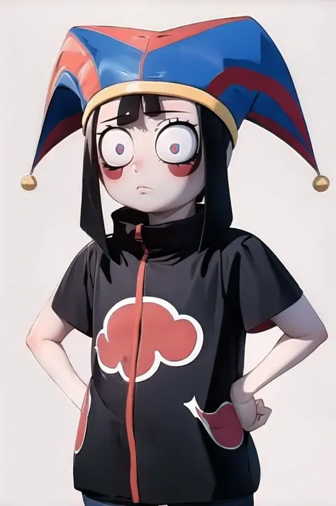 1girl, masterpiece, best quality, pomni, <lora:akatsuki:1>, Akatsuki outfit, jester cap, colored skin, symbol-shaped pupils, red eyes, blue eyes <lora:pomni:1> simple background
