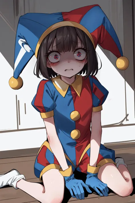 masterpiece,best quality,1girl,pomni,jester cap,colored skin,symbol-shaped pupils,red eyes,blue eyes,(multicolored clothes),puffy short sleeves,gloves,buttons,(panicking,constricted pupils,shaded face),looking around,sweatdrop,wariza,indoors,<lora:pomni:1>,<lora:constricted_pupils_v0.2a:0.7>,<lora:Concept-control tool-add_detail-CyberAIchemist:1>,