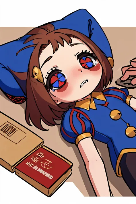 (masterpiece, best quality:1.2), QiqiFallen, chibi, solo, 1girl, pomni, on back, multicolored clothes, jester cap, puffy short sleeves, gloves, buttons, colored skin, symbol-shaped pupils, red eyes, blue eyes <lora:pomni:1> <lora:QiqiFallen:1>