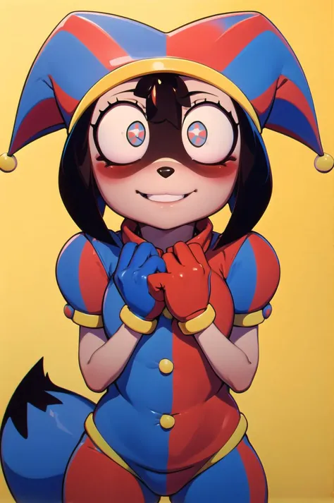 pomni, multicolored clothes, jester cap, puffy short sleeves, gloves, buttons, colored skin, symbol-shaped pupils, red eyes, blue eyes, <lora:pomni:1>, furry raccoon girl, absurdres, solo, 1girl, multicolored eyes, raccoon ears, two-tone hair, (high quality, best quality, masterpiece, 2d), high-res, (8k), no nuzzle, body fur, (animal nose), (tail, fluffy tail, blue tail), smile, blushing, simple background, looking at viewer, dynamic pose <lora:michiruLora_michiruv3latest:0.76>