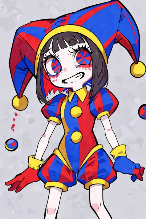 smug, smile, ((close-up)), laughing, from below, 
pomni, 1girl, standing,  <lora:pomni b:1>, solo,
POMNI, MULTICOLORED CLOTHES, JESTER CAP, PUFFY SHORT SLEEVES, GLOVES, BUTTONS, COLORED SKIN, SYMBOL-SHAPED PUPILS, RED EYES, BLUE EYES, simple background, grey background,