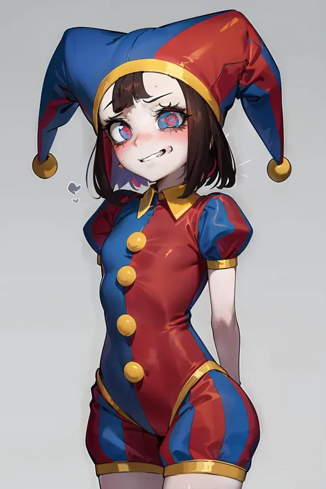masterpiece, best quality, absurdres, perfect anatomy, 1girl, solo, pomni, multicolored clothes, jester cap, puffy short sleeves, gloves, buttons, colored skin, symbol-shaped pupils, red eyes, blue eyes, upper body, nervous smirk, blush, spread arms, colorful background, (arms behind back), <lora:pomni:1>