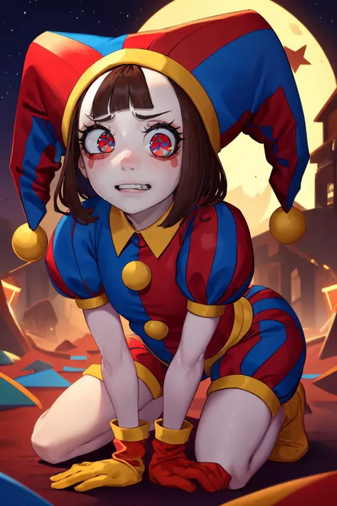 (masterpiece, best quality), outdoors, night, red moon, circus, 1girl, solo, pomni, multicolored clothes, jester cap, puffy short sleeves, gloves, buttons, colored skin, symbol-shaped pupils, red eyes, blue eyes, red theme, <lora:pomni:1>, eye focus, clenched teeth, nervous smile, closed mouth, all fours