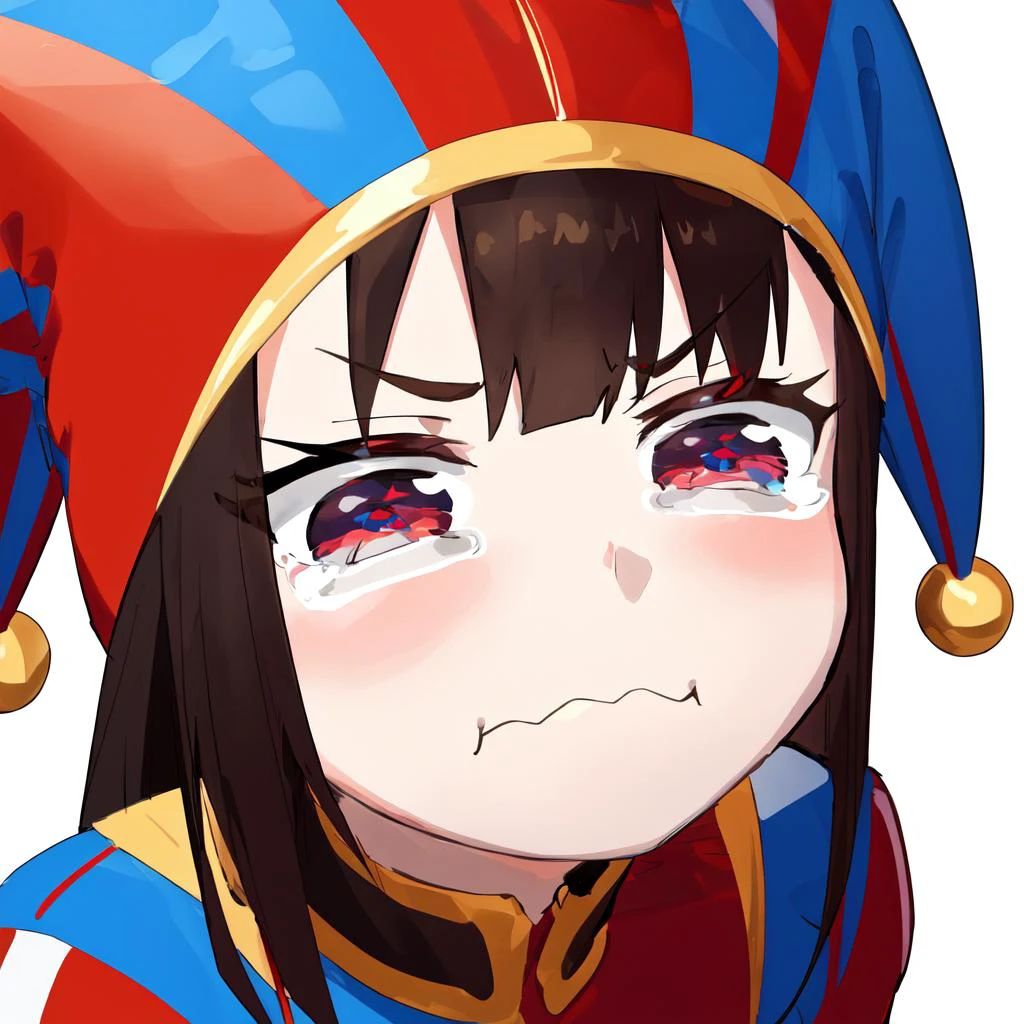 masterpiece, highres, best quality, ultra-detailed, perfect lighting, <lora:pomni:0.8> pomni, multicolored clothes, jester cap, puffy short sleeves, gloves, buttons, colored skin, symbol-shaped pupils, red eyes, blue <lora:merrytail_aqua_crying_meme_v02-05:0.8>