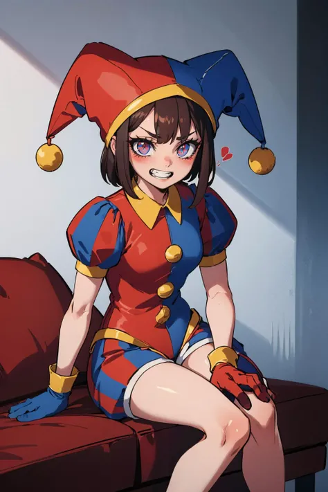 Pomni, 1girl, ((red and blue jester outfit)), red and blue jester cap, puffy short sleeves, ((red and blue gloves)), buttons, colored skin, ((symbol-shaped pupils, red and blue eyes)), ((red and blue shoes)), blush stickers, brown hair, bob cut, blunt bangs, colored skin, white skin, perfect anatomy, solo, scared, tears, upper body