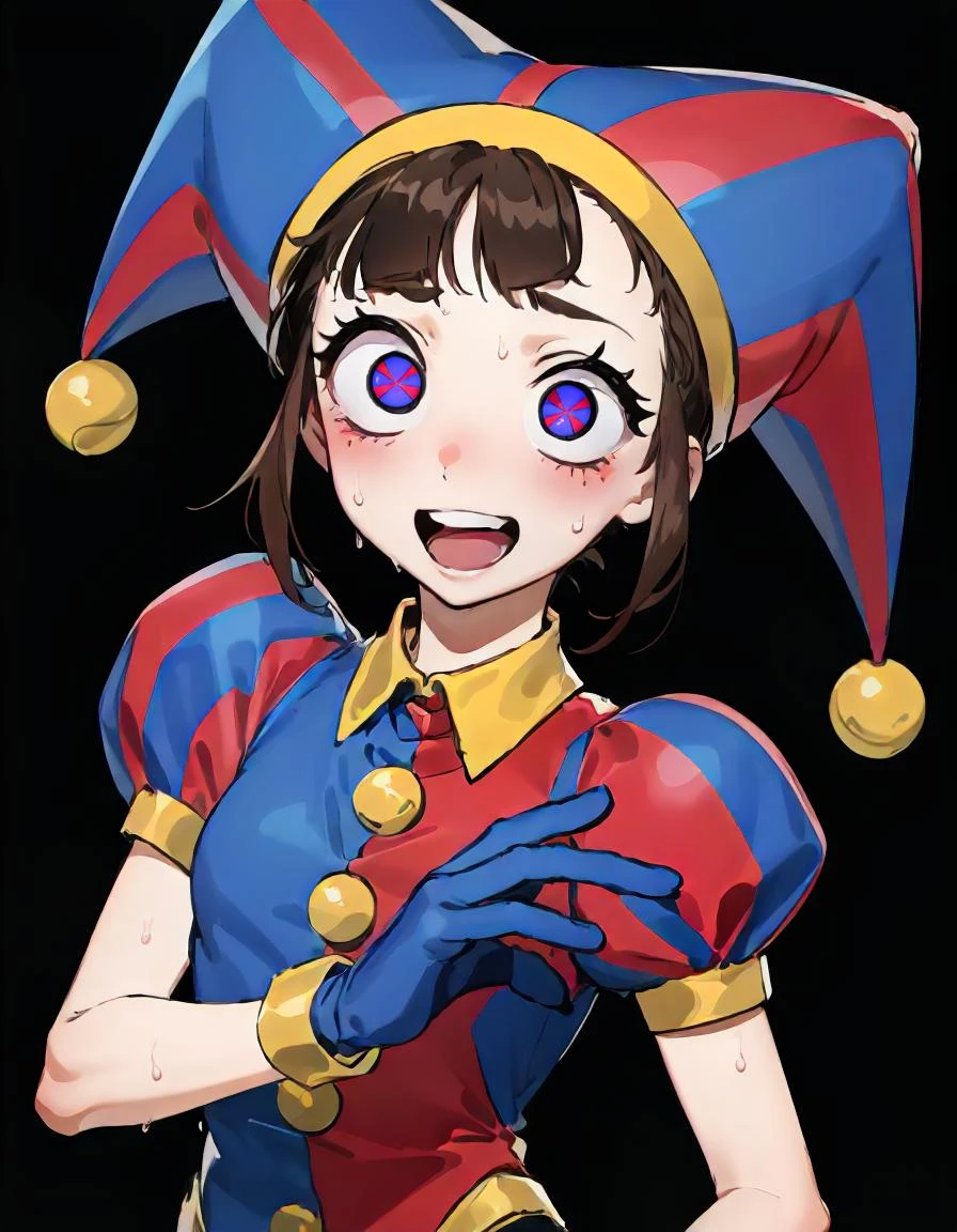 1girl, solo, upper body, :D, sweat, pomni, multicolored clothes, jester cap, puffy short sleeves, gloves, buttons, colored skin, symbol-shaped pupils, red eyes, blue eyes<lora:pomni:1>