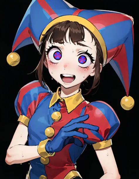 1girl, solo, upper body, :D, sweat, pomni, multicolored clothes, jester cap, puffy short sleeves, gloves, buttons, colored skin, symbol-shaped pupils, red eyes, blue eyes<lora:pomni:1>