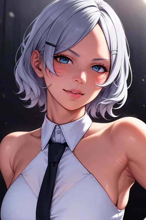 1girl, hairclip, necktie,collared shirt, white shirt,garter straps , colorful theme, (best quality, high quality, high resolution), realistic, ultra-detailed, highly detailed face features, absurdres, grey hair, realistic lighting and reflections, highly detailed face features, see through shirt, best photo,high quality illustration, <lora:SeceliaDote:0.6>