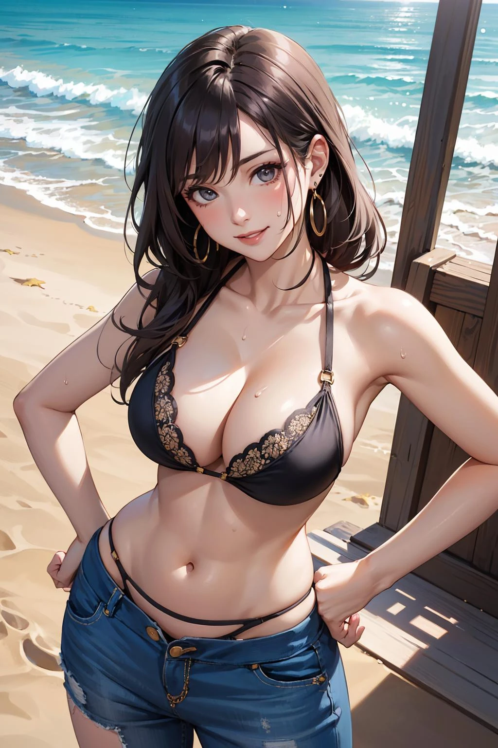 masterpiece,best quality,intricate details,
1girl,large breasts,cleavage,bikini,jewelry,earrings,sweat,shining skin,
outdoors,beach,sunlight,smile,hand on hip,