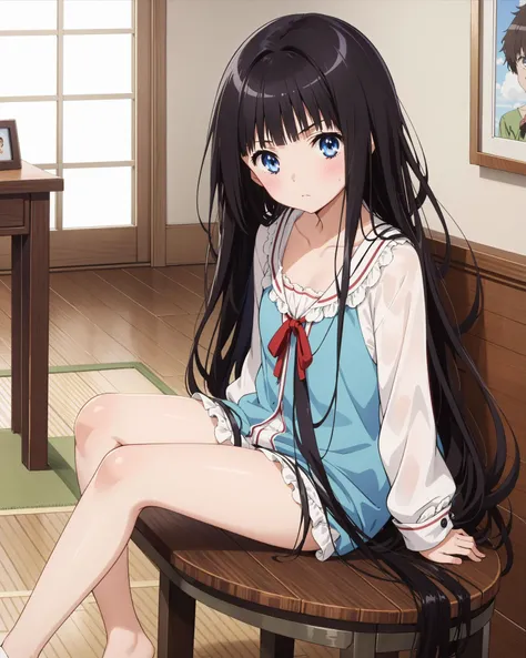 1girl, solo, long hair, blue eyes, ,, sitting, looking at viewer, collarbone,, very long hair, bangs, , closed mouth, indoors, black hair, blush, , arm support, feet out of frame,,, <lora:Shionji_Yuuko:0.8>, SHIONJIYUUKO, <lora:kyoto animation artstyle LoCon :0.5>,KYOTO STYLE,Kyoto Animation screencap ,Anime screencap,