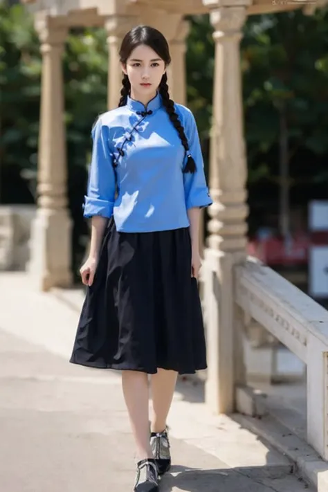 54female, a girl standing, blue shirt, black skirt, twin braids,best quality, masterpiece, highres,(RAW photo:1.2), (photorealistic:1.4),(masterpiece:1.4),(best quality:1.4),ultra high res,HDR,8k resolution,original,finely detail,full body,
