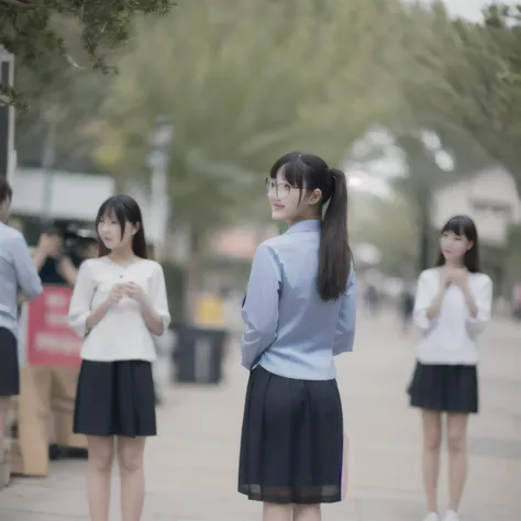 solo focus, delicate, masterpiece, 4k high resolution, beautiful detailed, colourful, finely detailed,detailed eyes, sfw,
model shot, professional lighting,
<lora:public_v1.0:1> public, photographer, phone screen, camera,
in the afternoon, outdoor in a school yard,
((1girl, solo)), standing looking back at camera, smile, curious look, young pretty slender, long black hair tied single ponytail, <lora:chinaRepublicanPeriod_10:0.8> blue shirt, black skirt, <lora:xiaoding:0.4>
<lora:circle-glasses_v1.1:0.8> circle-glasses