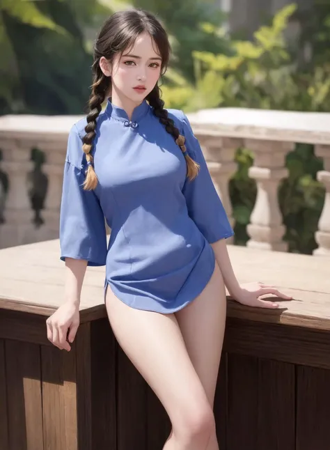 (best quality), (masterpiece), (high resolution), [:(intricate details):0.2], detailed_background, ((1girl)), cowboy shot, 54female, a girl standing, blue shirt, bare legs, twin braids, <lora:chinaRepublicanPeriod_10:0.5>, emb-anada