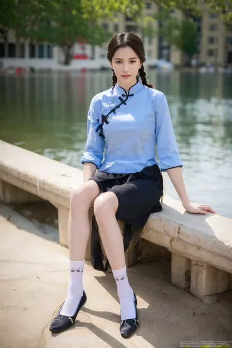 54female, a girl sitting, blue shirt, black skirt, twin braids,white socks,best quality, masterpiece, highres,(RAW photo:1.2), (photorealistic:1.4),(masterpiece:1.4),(best quality:1.4),ultra high res,HDR,8k resolution,original,finely detail,full body,