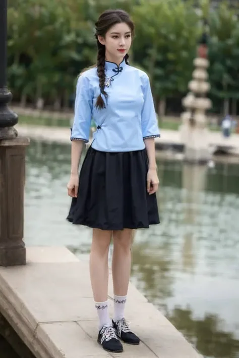 54female, a girl standing, blue shirt, black skirt, twin braids,white socks,best quality, masterpiece, highres,(RAW photo:1.2), (photorealistic:1.4),(masterpiece:1.4),(best quality:1.4),ultra high res,HDR,8k resolution,original,finely detail,full body,