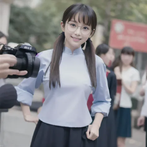solo focus, delicate, masterpiece, 4k high resolution, beautiful detailed, colourful, finely detailed,detailed eyes, sfw,
model shot, professional lighting,
<lora:public_v1.0:1> public, photographer, phone screen, camera,
in the afternoon, outdoor in a school yard,
((1girl, solo)), standing, smile, curious look, young pretty slender, long black hair tied single ponytail, <lora:chinaRepublicanPeriod_10:0.8> blue shirt, black skirt, <lora:xiaoding:0.4>
<lora:circle-glasses_v1.1:0.8> circle-glasses