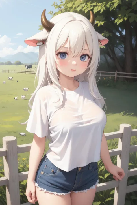 masterpiece, absurdres, 1girl, breasts, cow girl, cow horns, outdoors, field, wooden fence, cowboy shot, furrowed brow, wavy mouth, full-face blush, white t-shirt, closed mouth