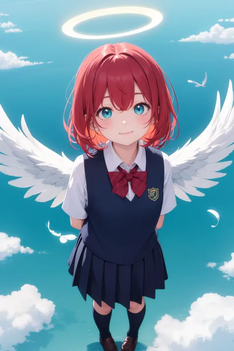 masterpiece, best quality, 1girl, looking at viewer, blue sky, cloud, happy, flying in the sky, feathered wings, feathers, halo, school uniform, red hair, aqua eyes, from above, arms behind back, closed mouth