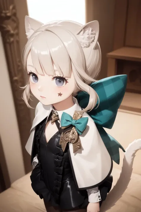 masterpiece, best quality, 1girl, indoors, from above, looking at viewer, expressionless, lynette,hair bow,animal ears,grey hair,short hair,facial mark, bow,ribbon,capelet,black pantyhose, low ponytail, tail, <lora:lynette02:1>