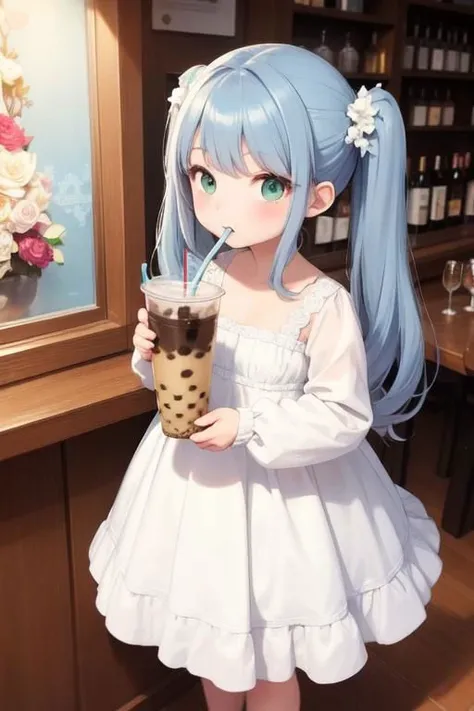 masterpiece, best quality, 1girl, twin tail light black-blue hair, green eyes, holding, looking at viewer, wedding dress, drinking straw, bubble tea, long sleeves, drinking, holding cup, drinking straw in mouth