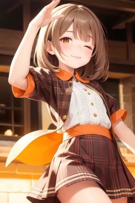 masterpiece, best quality, 1girl, medium hair, light brown hair, orange eyes, one eye closed, dancing