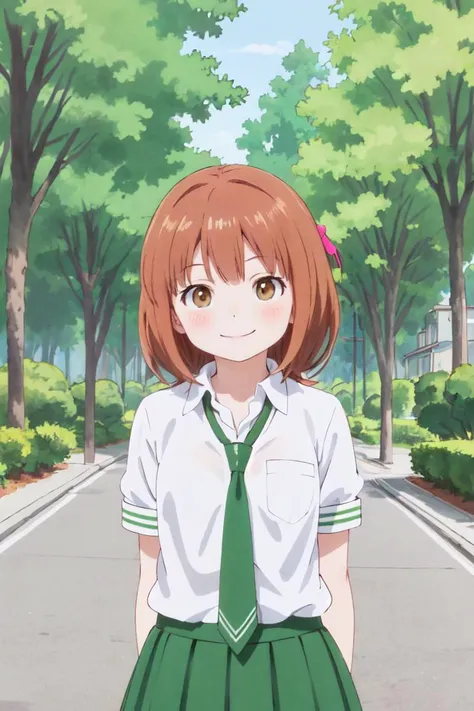 rikolovelab, 1girl, green skirt, white shirt, green necktie, looking at viewer, park, standing, happy, upper body, arms behind back, <lora:Riko Kurahashix4:0.75>