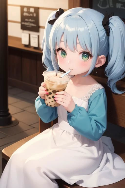 masterpiece, best quality, 1girl, twin tail light black-blue hair, green eyes, holding, looking at viewer, wedding dress, drinking straw, bubble tea, long sleeves, drinking, holding cup, drinking straw in mouth