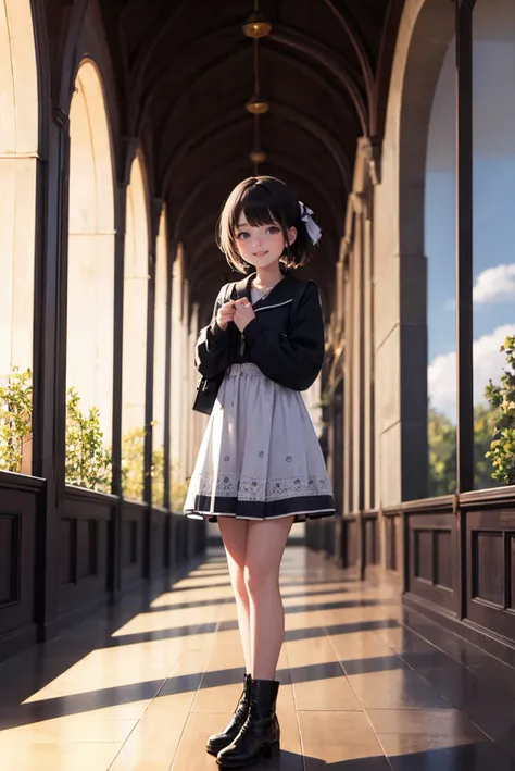 (masterpiece, best quality), standing in front of a picturesque landscape, 1 girl, looking at viewer, smile,