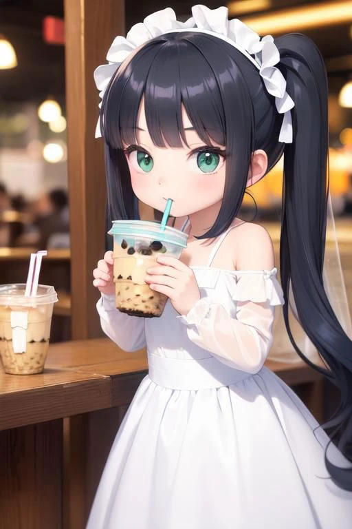 masterpiece, best quality, 1girl, twin tail light black-blue hair, green eyes, holding, looking at viewer, wedding dress, drinking straw, bubble tea, long sleeves, drinking, holding cup, drinking straw in mouth