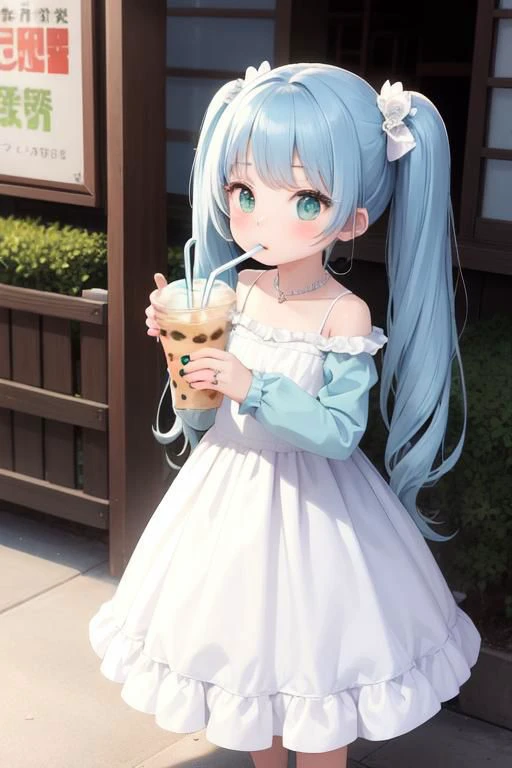 masterpiece, best quality, 1girl, twin tail light black-blue hair, green eyes, holding, looking at viewer, wedding dress, drinking straw, bubble tea, long sleeves, drinking, holding cup, drinking straw in mouth