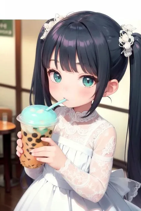 masterpiece, best quality, 1girl, twin tail light black-blue hair, green eyes, holding, looking at viewer, wedding dress, drinking straw, bubble tea, long sleeves, drinking, holding cup, drinking straw in mouth