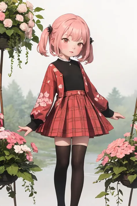 (masterpiece, best quality), 1girl, <lora:opossumachine:1> pink hair, plaid skirt, black legwear, flower,