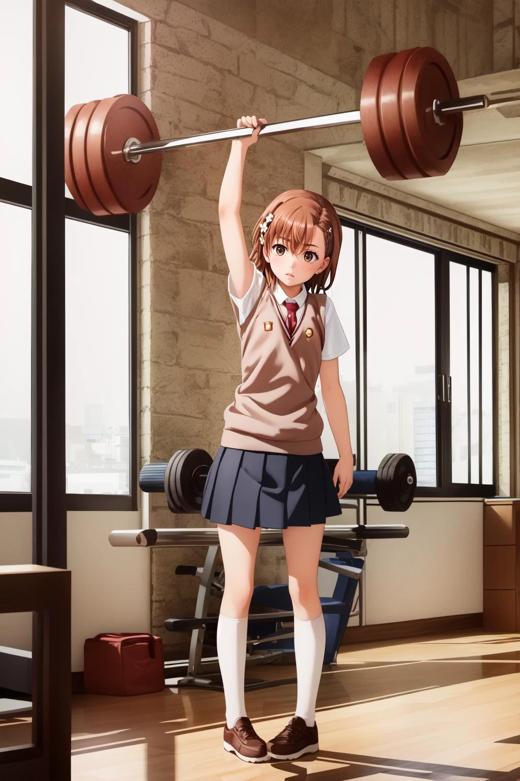 (masterpiece, best quality), intricate details,
1girl, <lora:mikoto misaka s3-lora-nochekaiser:0.8> mikoto misaka, (misaka mikoto:1.5), short hair, brown hair, hair ornament, hair flower, (brown eyes:1.5),, skirt, shirt, school uniform, white shirt, short sleeves, pleated skirt, grey skirt, sweater vest, tokiwadai school uniform, v-neck,
indoors, gym, lifting weights, exercise,
sweating,