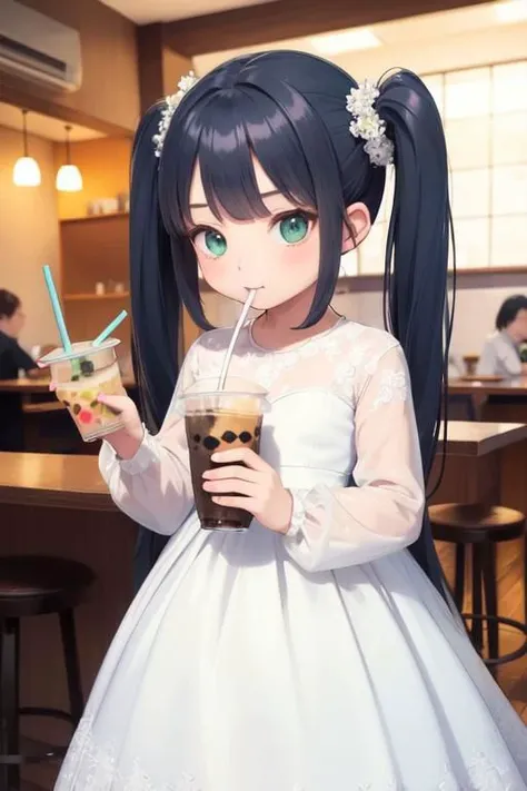 masterpiece, best quality, 1girl, twin tail light black-blue hair, green eyes, holding, looking at viewer, wedding dress, drinking straw, bubble tea, long sleeves, drinking, holding cup, drinking straw in mouth
