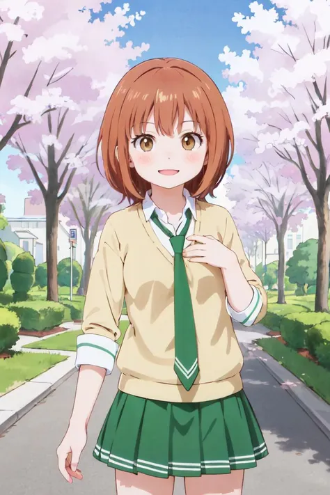 rikolovelab, 1girl, green skirt, sweater, green necktie, looking at viewer, park, standing, happy, upper body <lora:Riko Kurahashix4:0.75>