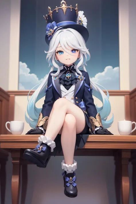 masterpiece, best quality, 1girl, light smile, sitting, full body, heterochromia, furina \(genshin impact\), top hat, short shorts, mismatched gloves, thigh strap, blue jacket, ascot, high heels, frilled socks, waist cape, <lora:Char-Genshin-Furina-v2:0.8>