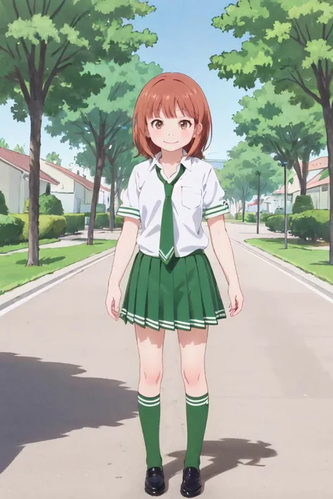 rikolovelab, 1girl, green skirt, white shirt, green socks, kneehighs, green necktie, looking at viewer, park, standing, happy <lora:Riko Kurahashix4:0.75>