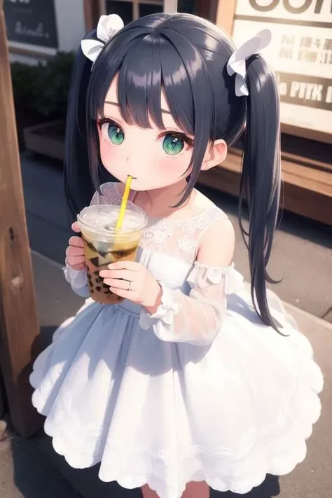 masterpiece, best quality, 1girl, twin tail light black-blue hair, green eyes, holding, looking at viewer, wedding dress, drinking straw, bubble tea, long sleeves, drinking, holding cup, drinking straw in mouth