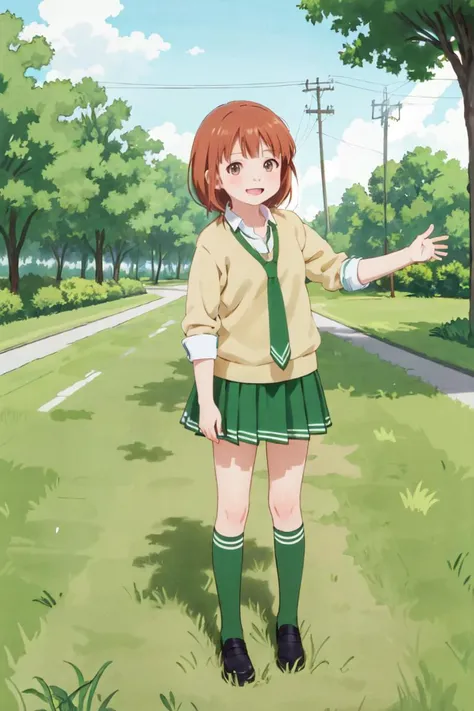 rikolovelab, 1girl, green skirt, sweater, green socks, kneehighs, green necktie, looking at viewer, park, standing, happy <lora:Riko Kurahashix4:0.75>