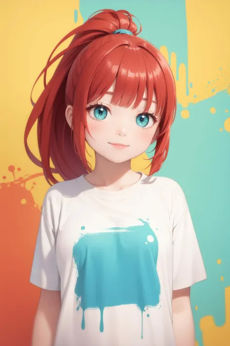 masterpiece, best quality, 1girl, ponytail, blunt bangs, red hair, aqua eyes, light smile, looking at viewer, paint splatter background, oversized t-shirt, upper body, closed mouth