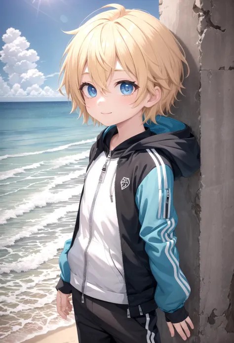 <lora:sota sd15_epoch_17:0.6>,sota, solo,looking at viewer,short hair,bangs,blue eyes,blonde hair,long sleeves,(1boy:1.3),hair between eyes,standing,wide rashguard jacket,(male focus:1.3),cowboy shot,outdoors,sky,day,pants,cloud,hood,water,blue sky,ocean,beach,black pants,hood down,child,multicolored clothes,zipper,horizon,(male child:1.2),wall,multicolored jacket,two-tone jacket , (masterpiece:1.2), best quality, high resolution, unity 8k wallpaper, (illustration:0.8), (beautiful detailed eyes:1.6), extremely detailed face, perfect lighting, extremely detailed CG, smile,
The soft lighting and detailed surroundings create an immersive environment where imagination runs wild hyper-detailed,hyper-detailed face, high quality visuals, dim Lighting, sharply focused, octane render, 8k UHD,
GS-Boyish