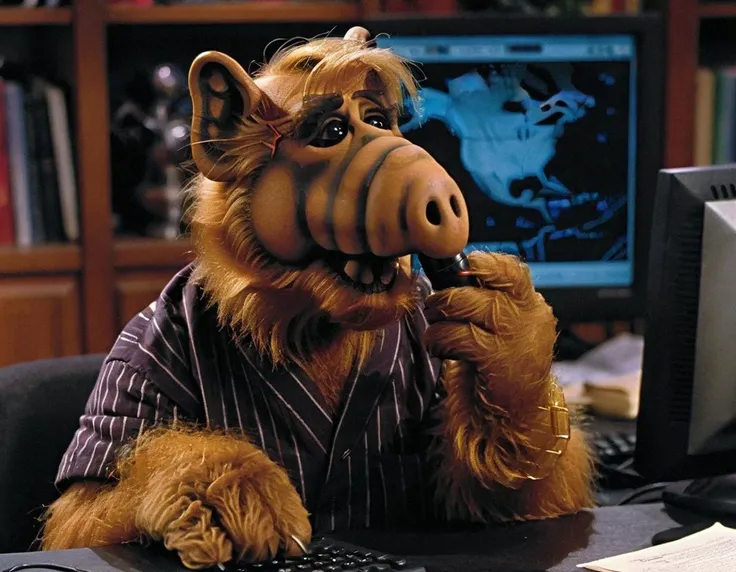 <lora:Alf SDXL LoRA - Trigger w Alf Person:1> Alf person scoping out the twitter offices late at night using a flashlight.