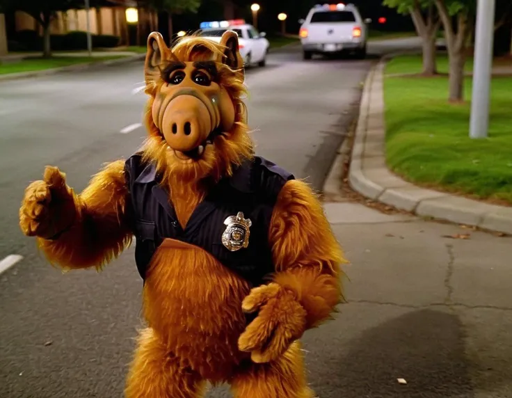 <lora:Alf SDXL LoRA - Trigger w Alf Person:1> Alf person in a high speed chase with police after carjacking a car that was modified to look like a cat.